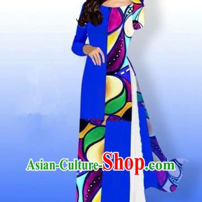 Traditional Top Grade Asian Vietnamese Costumes Classical Printing Full Dress, Vietnam National Ao Dai Dress Bride Royalblue Qipao for Women