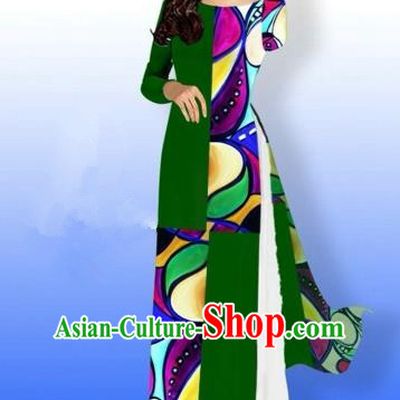 Traditional Top Grade Asian Vietnamese Costumes Classical Printing Full Dress, Vietnam National Ao Dai Dress Bride Green Qipao for Women