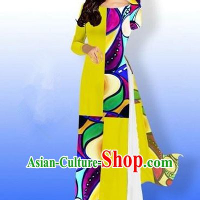 Traditional Top Grade Asian Vietnamese Costumes Classical Printing Full Dress, Vietnam National Ao Dai Dress Bride Yellow Qipao for Women