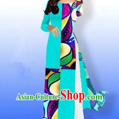 Traditional Top Grade Asian Vietnamese Costumes Classical Printing Full Dress, Vietnam National Ao Dai Dress Bride Blue Qipao for Women
