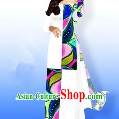 Traditional Top Grade Asian Vietnamese Costumes Classical Printing Full Dress, Vietnam National Ao Dai Dress Bride Qipao for Women