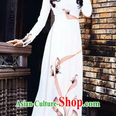 Traditional Top Grade Asian Vietnamese Costumes Classical Printing Flowers Pattern Full Dress, Vietnam National Ao Dai Dress White Etiquette Qipao for Women