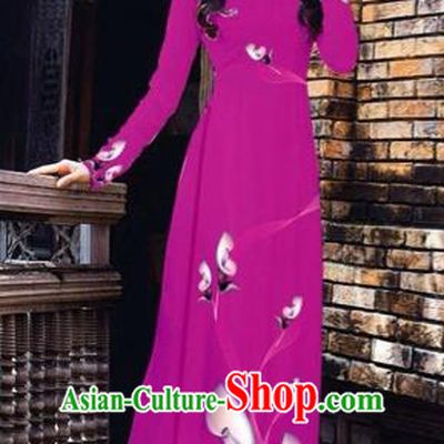 Traditional Top Grade Asian Vietnamese Costumes Classical Printing Flowers Pattern Full Dress, Vietnam National Ao Dai Dress Amaranth Etiquette Qipao for Women