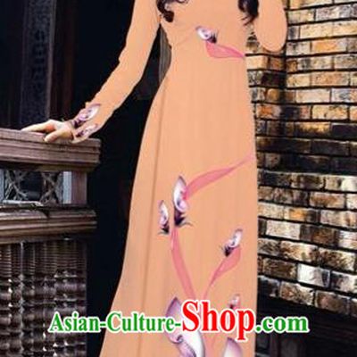 Traditional Top Grade Asian Vietnamese Costumes Classical Printing Flowers Pattern Full Dress, Vietnam National Ao Dai Dress Nude Pink Etiquette Qipao for Women