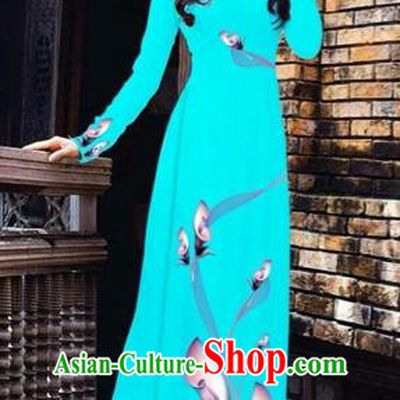 Traditional Top Grade Asian Vietnamese Costumes Classical Printing Flowers Pattern Full Dress, Vietnam National Ao Dai Dress Blue Etiquette Qipao for Women