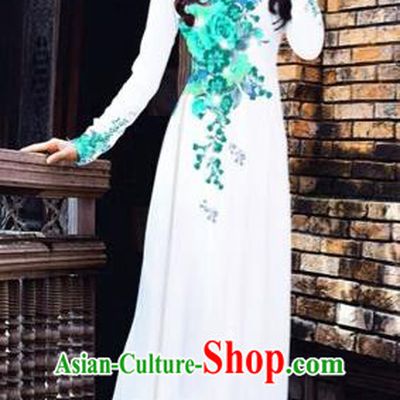 Traditional Top Grade Asian Vietnamese Costumes Dance Dress, Vietnam National Women Ao Dai Dress Printing Blue Flowers Cheongsam Clothing