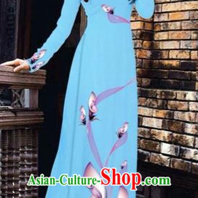 Traditional Top Grade Asian Vietnamese Costumes Classical Printing Flowers Pattern Full Dress, Vietnam National Ao Dai Dress Sky Blue Etiquette Qipao for Women