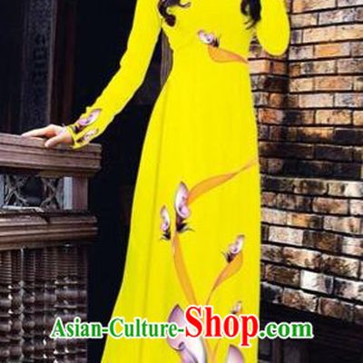 Traditional Top Grade Asian Vietnamese Costumes Classical Printing Flowers Pattern Full Dress, Vietnam National Ao Dai Dress Yellow Etiquette Qipao for Women