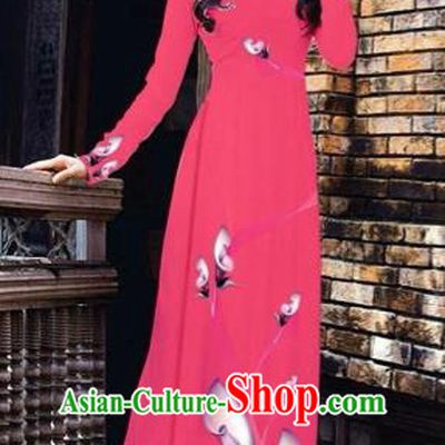 Traditional Top Grade Asian Vietnamese Costumes Classical Printing Flowers Pattern Full Dress, Vietnam National Ao Dai Dress Rosy Etiquette Qipao for Women