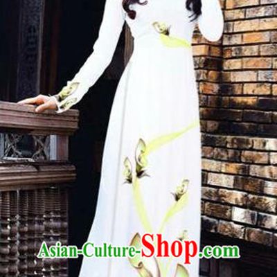 Traditional Top Grade Asian Vietnamese Costumes Classical Printing Flowers Pattern Full Dress, Vietnam National Ao Dai Dress White Etiquette Qipao for Women