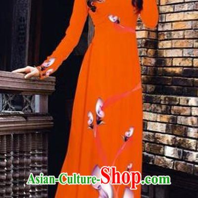 Traditional Top Grade Asian Vietnamese Costumes Classical Printing Flowers Pattern Full Dress, Vietnam National Ao Dai Dress Orange Etiquette Qipao for Women