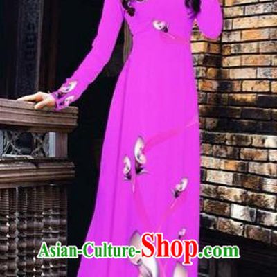 Traditional Top Grade Asian Vietnamese Costumes Classical Printing Flowers Pattern Full Dress, Vietnam National Ao Dai Dress Violet Etiquette Qipao for Women