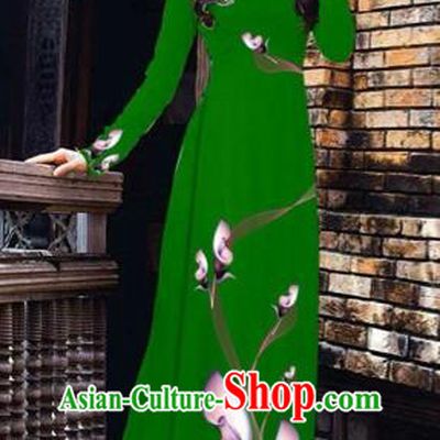 Traditional Top Grade Asian Vietnamese Costumes Classical Printing Flowers Pattern Full Dress, Vietnam National Ao Dai Dress Deep Green Etiquette Qipao for Women