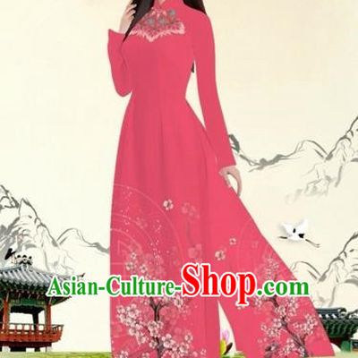 Traditional Top Grade Asian Vietnamese Costumes Classical Plum Blossom Pattern Full Dress, Vietnam National Ao Dai Dress Red Etiquette Qipao for Women