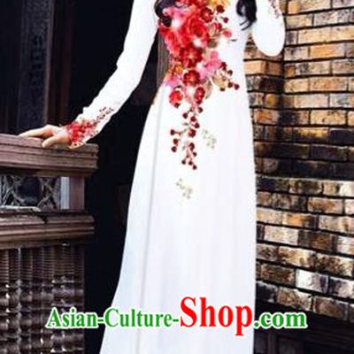 Traditional Top Grade Asian Vietnamese Costumes Dance Dress, Vietnam National Women Ao Dai Dress Printing Red Flowers Cheongsam Clothing