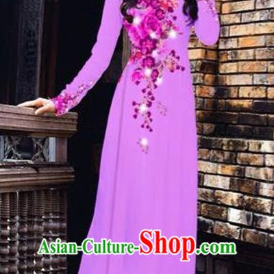 Traditional Top Grade Asian Vietnamese Costumes Dance Dress, Vietnam National Women Ao Dai Dress Printing Flowers Purple Cheongsam Clothing