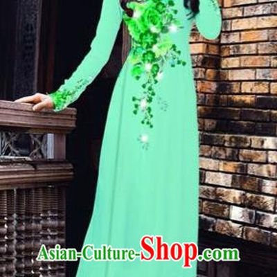 Traditional Top Grade Asian Vietnamese Costumes Dance Dress, Vietnam National Women Ao Dai Dress Printing Flowers Green Cheongsam Clothing