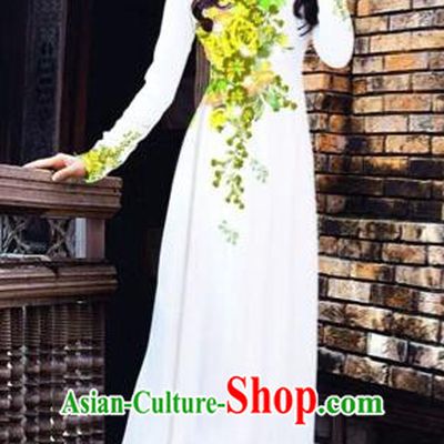 Traditional Top Grade Asian Vietnamese Costumes Dance Dress, Vietnam National Women Ao Dai Dress Printing Flowers Cheongsam Clothing