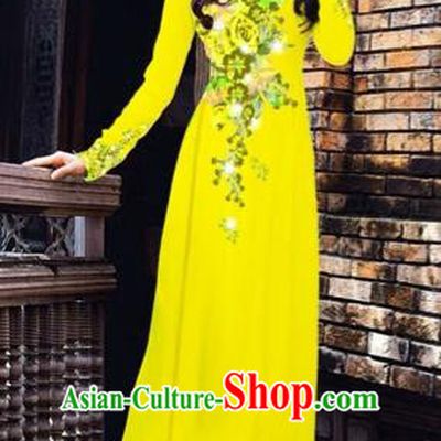Traditional Top Grade Asian Vietnamese Costumes Dance Dress, Vietnam National Women Ao Dai Dress Printing Flowers Yellow Cheongsam Clothing