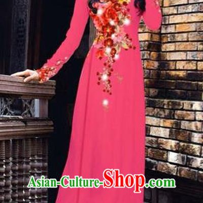 Traditional Top Grade Asian Vietnamese Costumes Dance Dress, Vietnam National Women Ao Dai Dress Printing Flowers Rose Cheongsam Clothing