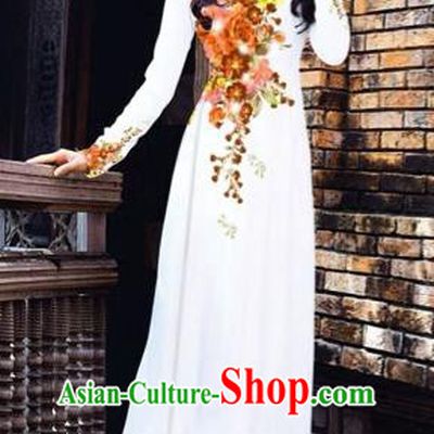 Traditional Top Grade Asian Vietnamese Costumes Dance Dress, Vietnam National Women Ao Dai Dress Printing Flowers White Cheongsam Clothing