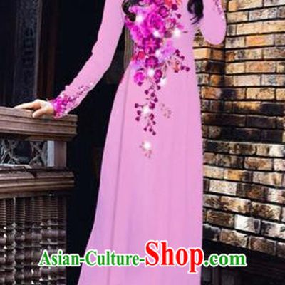 Traditional Top Grade Asian Vietnamese Costumes Dance Dress, Vietnam National Women Ao Dai Dress Printing Flowers Pink Cheongsam Clothing