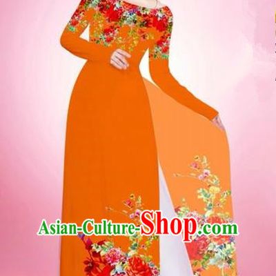 Traditional Top Grade Asian Vietnamese Costumes, Vietnam National Women Ao Dai Dress Embroidery Orange Clothing