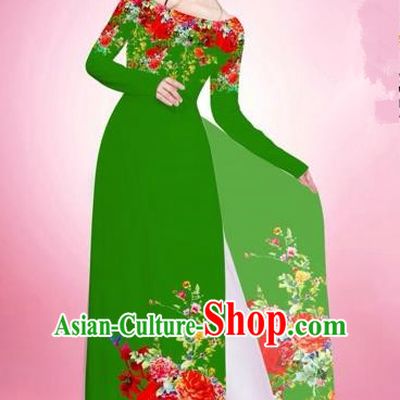 Traditional Top Grade Asian Vietnamese Costumes, Vietnam National Women Ao Dai Dress Embroidery Green Clothing