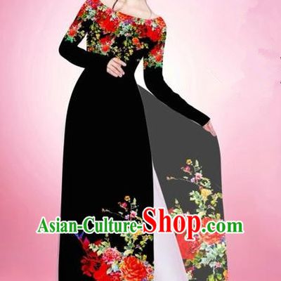 Traditional Top Grade Asian Vietnamese Costumes, Vietnam National Women Ao Dai Dress Embroidery Black Clothing