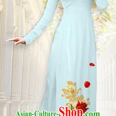 Traditional Top Grade Asian Vietnamese Costumes, Vietnam National Ao Dai Dress Printing Flowers Light Blue Qipao for Women
