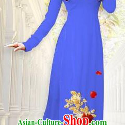 Traditional Top Grade Asian Vietnamese Costumes, Vietnam National Ao Dai Dress Printing Flowers Blue Qipao for Women