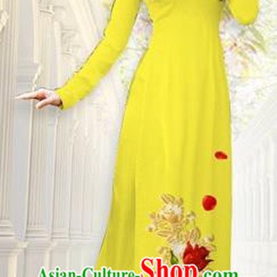Traditional Top Grade Asian Vietnamese Costumes, Vietnam National Ao Dai Dress Printing Flowers Yellow Qipao for Women