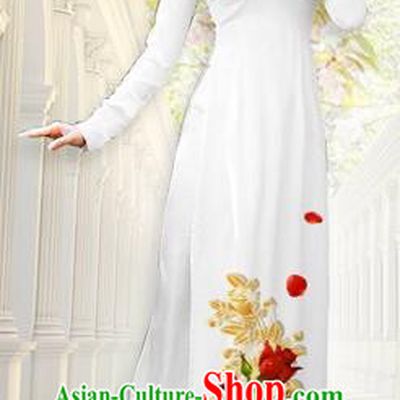 Traditional Top Grade Asian Vietnamese Costumes, Vietnam National Ao Dai Dress Printing Flowers White Qipao for Women