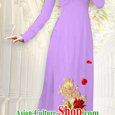 Traditional Top Grade Asian Vietnamese Costumes, Vietnam National Ao Dai Dress Printing Flowers Lilac Qipao for Women