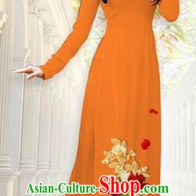 Traditional Top Grade Asian Vietnamese Costumes, Vietnam National Ao Dai Dress Printing Flowers Orange Qipao for Women