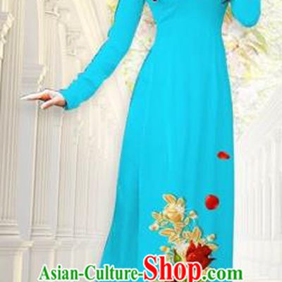 Traditional Top Grade Asian Vietnamese Costumes, Vietnam National Ao Dai Dress Printing Flowers Blue Qipao for Women
