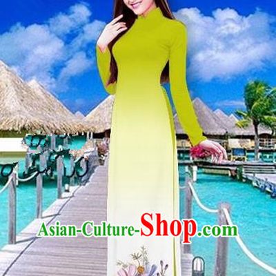 Traditional Top Grade Asian Vietnamese Costumes Full Dress, Vietnam National Ao Dai Dress Printing Flowers Olive Green Stand Collar Qipao for Women
