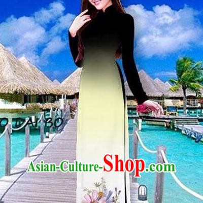 Traditional Top Grade Asian Vietnamese Costumes Full Dress, Vietnam National Ao Dai Dress Printing Flowers Green Stand Collar Qipao for Women