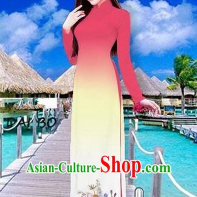 Traditional Top Grade Asian Vietnamese Costumes Full Dress, Vietnam National Ao Dai Dress Printing Flowers Watermelon Red Stand Collar Qipao for Women