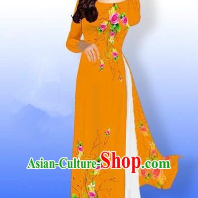 Traditional Top Grade Asian Vietnamese Costumes Full Dress, Vietnam National Ao Dai Dress Printing Rose Flowers Orange Qipao for Women