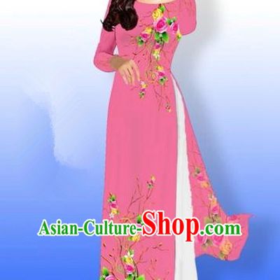 Traditional Top Grade Asian Vietnamese Costumes Full Dress, Vietnam National Ao Dai Dress Printing Rose Flowers Watermelon Red Qipao for Women