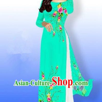 Traditional Top Grade Asian Vietnamese Costumes Full Dress, Vietnam National Ao Dai Dress Printing Rose Flowers Green Qipao for Women