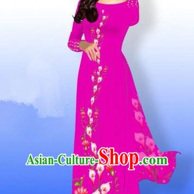 Traditional Top Grade Asian Vietnamese Costumes Full Dress, Vietnam National Ao Dai Dress Printing Rosy Qipao for Women