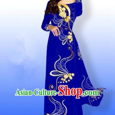 Traditional Top Grade Asian Vietnamese Costumes Full Dress, Vietnam National Ao Dai Dress Printing Royalblue Qipao for Women