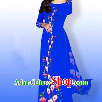 Traditional Top Grade Asian Vietnamese Costumes Full Dress, Vietnam National Ao Dai Dress Printing Blue Qipao for Women