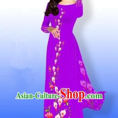 Traditional Top Grade Asian Vietnamese Costumes Full Dress, Vietnam National Ao Dai Dress Printing Purple Qipao for Women