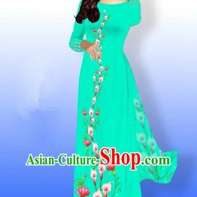 Traditional Top Grade Asian Vietnamese Costumes Full Dress, Vietnam National Ao Dai Dress Printing Green Qipao for Women