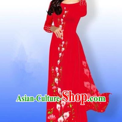 Traditional Top Grade Asian Vietnamese Costumes Full Dress, Vietnam National Ao Dai Dress Printing Red Qipao for Women