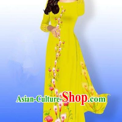 Traditional Top Grade Asian Vietnamese Costumes Full Dress, Vietnam National Ao Dai Dress Printing Flowers Yellow Qipao for Women