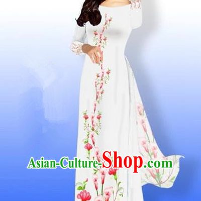 Traditional Top Grade Asian Vietnamese Costumes Full Dress, Vietnam National Ao Dai Dress Printing Flowers White Qipao for Women